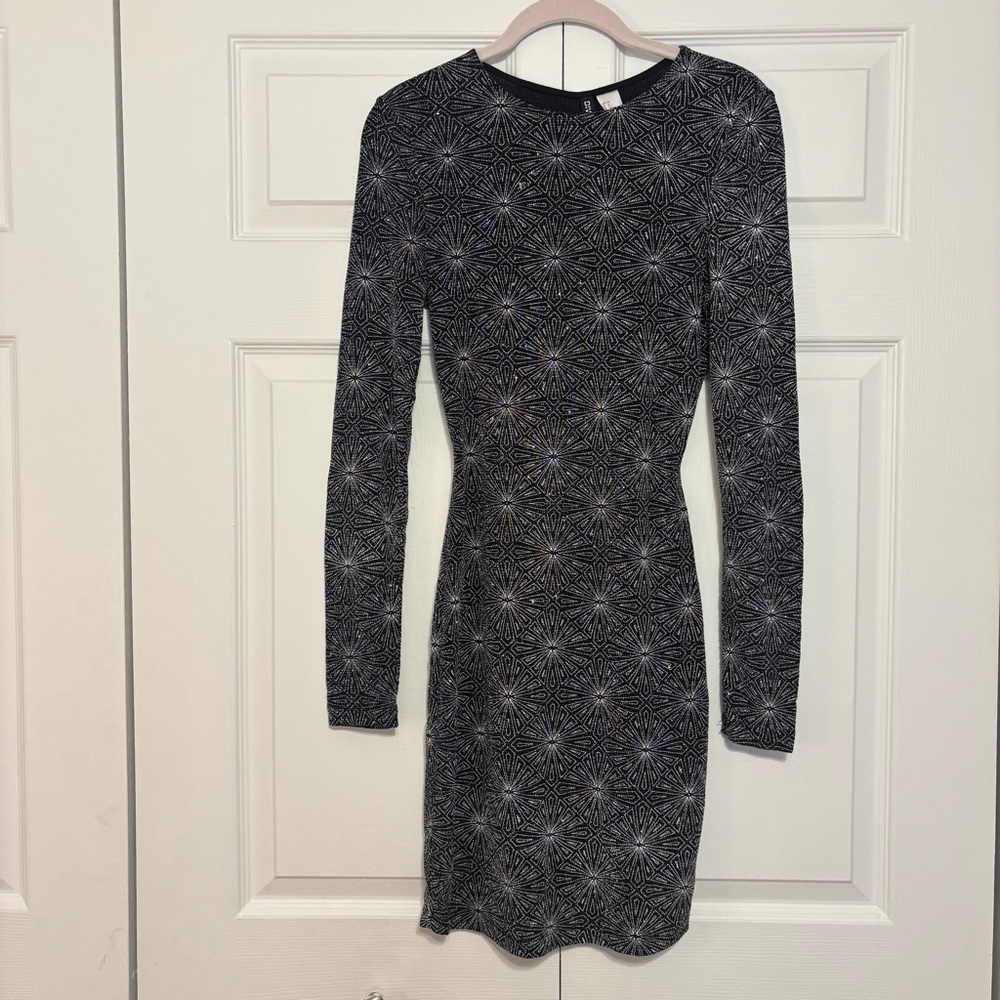 H&M Divided Black Silver Sparkle Long Sleeve Open Back Mini Dress